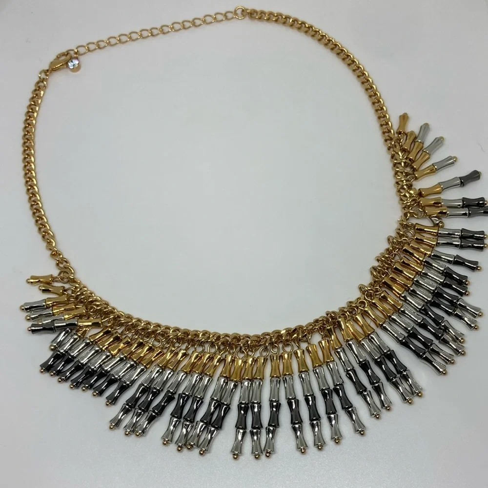 Gold and Silver Two Tone Fringe Statement Necklace Layered Fashion Jewelry